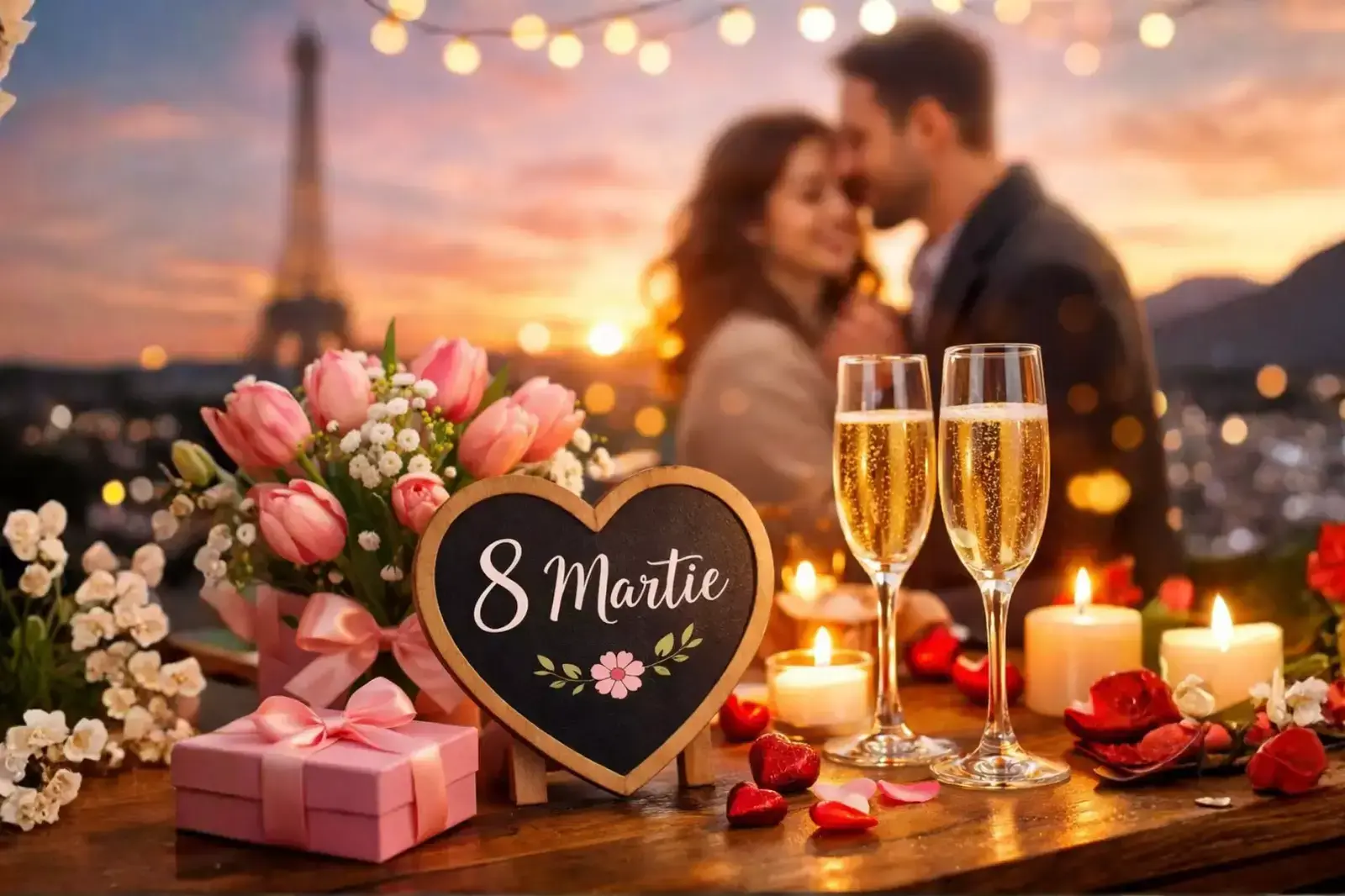 Cuplu romantic la apus &icirc;n Paris, cu Turnul Eiffel &icirc;n fundal, șampanie și decor de 8 Martie.